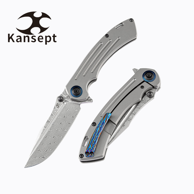KANSEPT Pretatout K1032D1  Dmascus Blade Stonewashed Titanium Handle with Kmaxrom Design