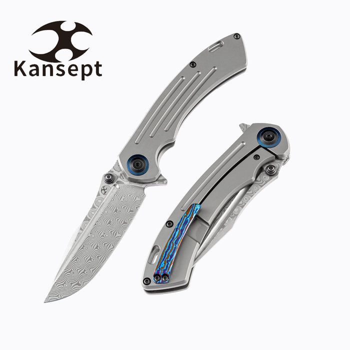 KANSEPT Pretatout K1032D1  Dmascus Blade Stonewashed Titanium Handle with Kmaxrom Design