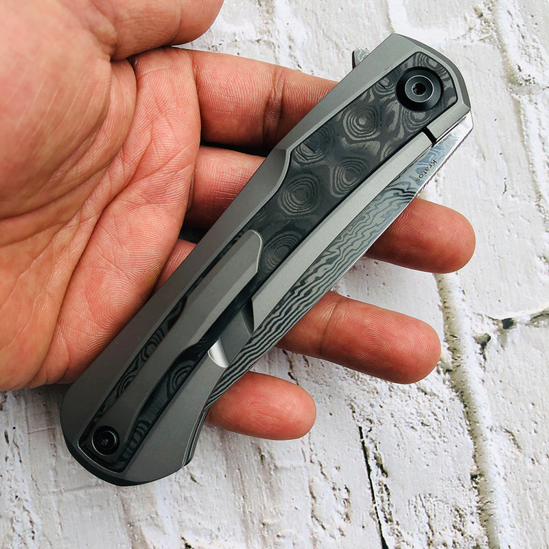 KANSEPT Kratos Flipper Knife Titanium + Black Rose Pattern Carbon Fiber Inlay Handle (3.79‘'Damascus Blade)Ostap Hel Design-K1024A5