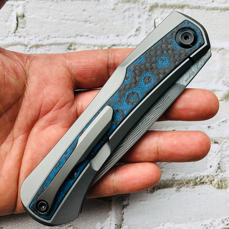 KANSEPT Kratos Flipper Knife Titanium +  Blue Rose Pattern Carbon Fiber Inlay Handle (3.79‘'Damascus Blade)Ostap Hel Design-K1024A4