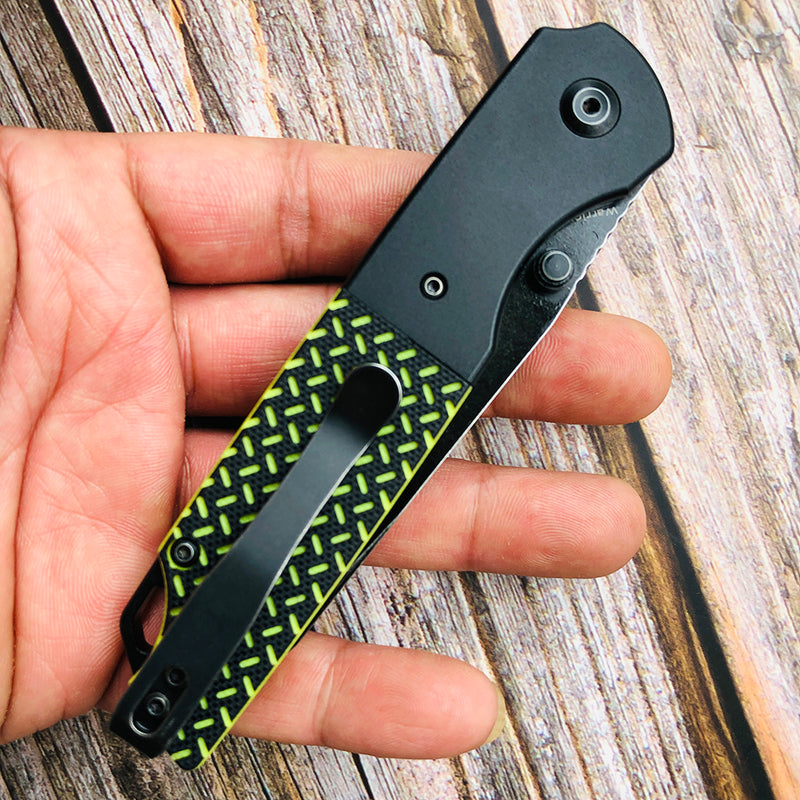 KANSEPT Warrior T1005T2 Black TiCn Coated and Stonewashed Tanto D2 Blade Black Anodized Aluminum Bolster + Black and Green G10 Handle with Kim Ning Design