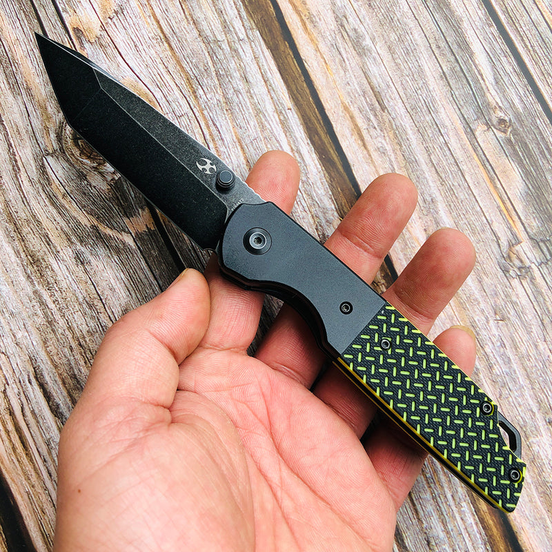 KANSEPT Warrior T1005T2 Black TiCn Coated and Stonewashed Tanto D2 Blade Black Anodized Aluminum Bolster + Black and Green G10 Handle with Kim Ning Design
