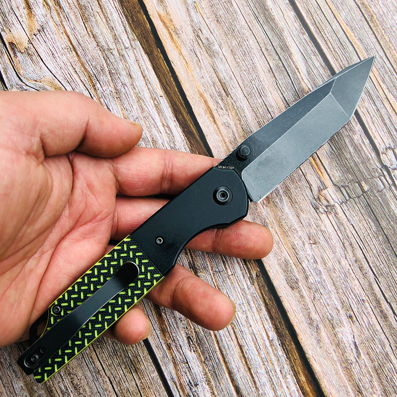 Warrior T1005T2 Black TiCn Coated and Stonewashed Tanto D2 Blade Black Anodized Aluminum Bolster + Black and Green G10 Handle with Kim Ning Design
