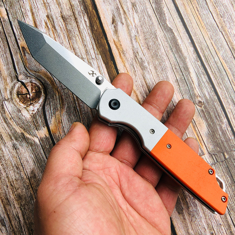 KANSEPT Warrior T1005T3 Stonewashed Tanto D2 Blade Plian Aluminum + Orange G10 Handle with Kim Ning Design
