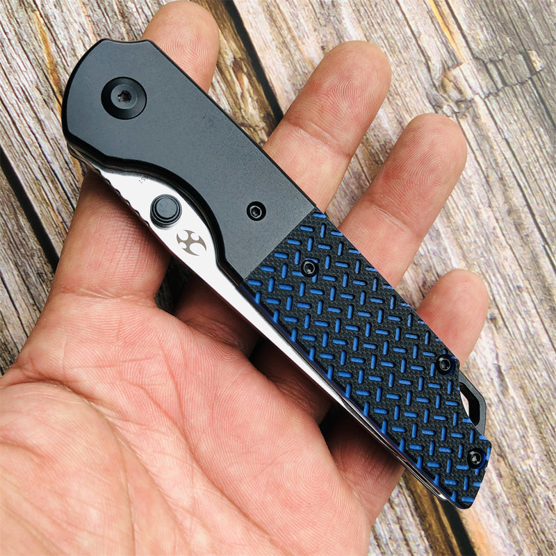 KANSEPT Warrior T1005S1 Stonewashed Drop Point D2 Blade Black Anodized Aluminum Bolster + Black and Blue G10 Handle with Kim Ning Design