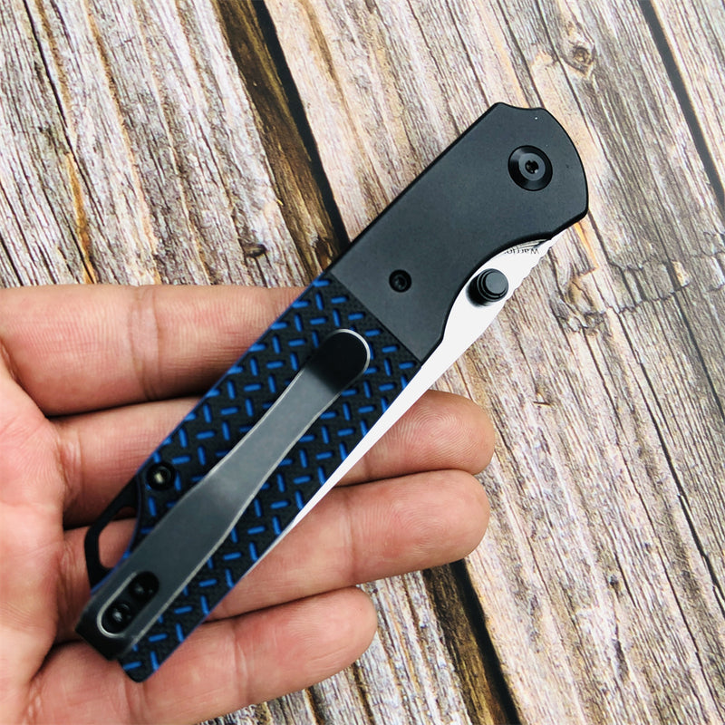 KANSEPT Warrior T1005S1 Stonewashed Drop Point D2 Blade Black Anodized Aluminum Bolster + Black and Blue G10 Handle with Kim Ning Design
