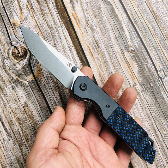 Warrior T1005S1 Stonewashed Drop Point D2 Blade Black Anodized Aluminum Bolster + Black and Blue G10 Handle with Kim Ning Design