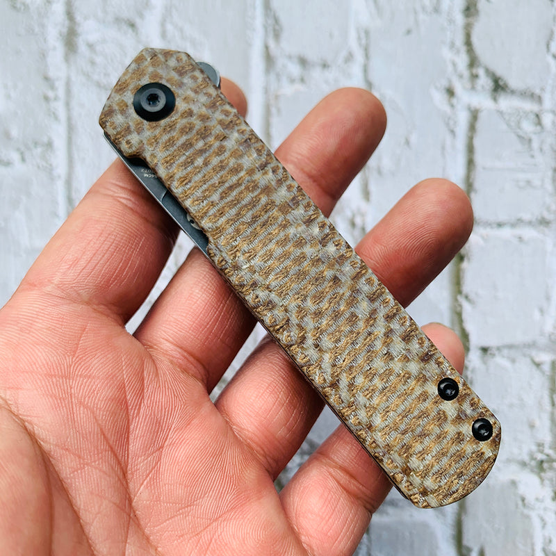 KANSEPT Foosa X2020T2 154CM Blade Liner Lock Folder Plaid Brown Micarta Handle Rolf Helbig Design