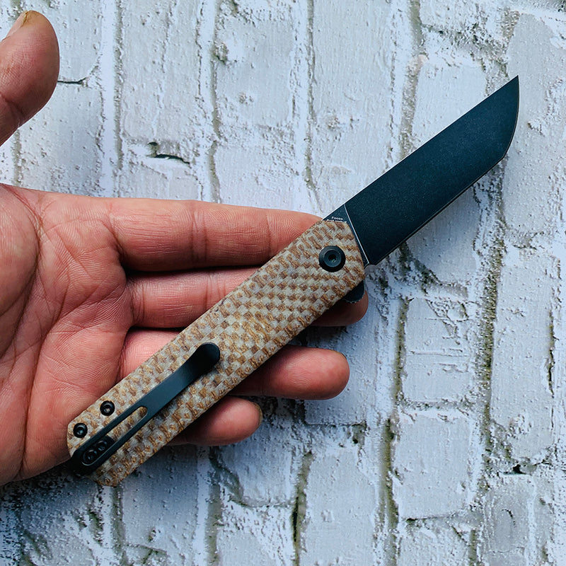 KANSEPT Foosa X2020T2 154CM Blade Liner Lock Folder Plaid Brown Micarta Handle Rolf Helbig Design