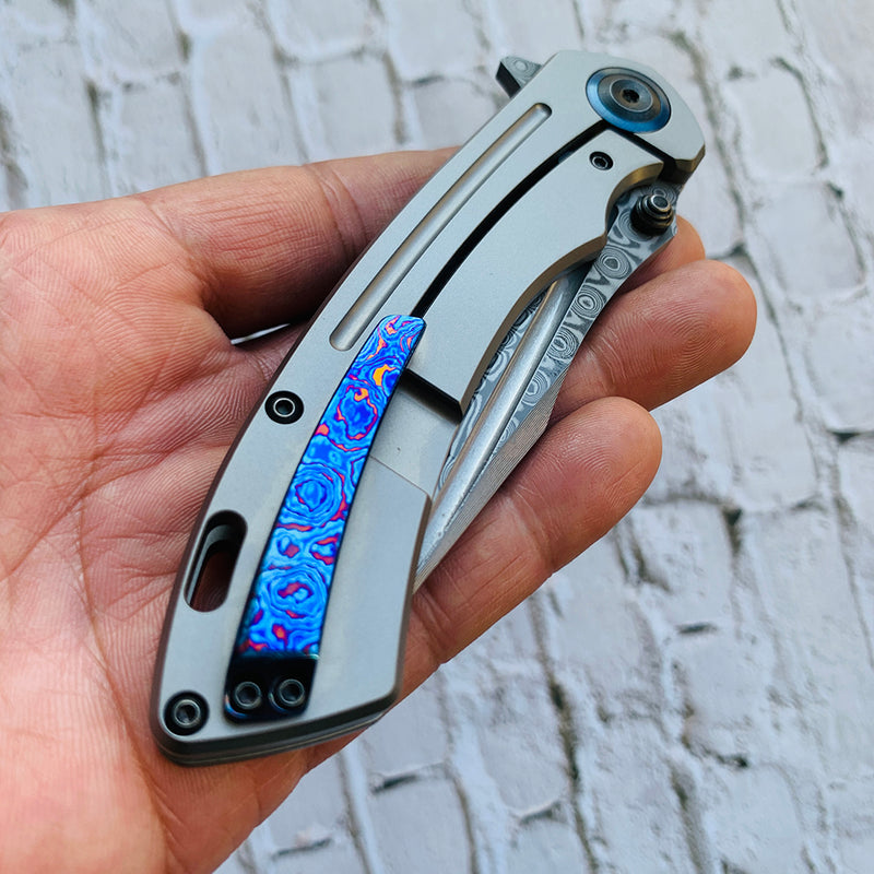 KANSEPT Pretatout K1032D1  Dmascus Blade Stonewashed Titanium Handle with Kmaxrom Design