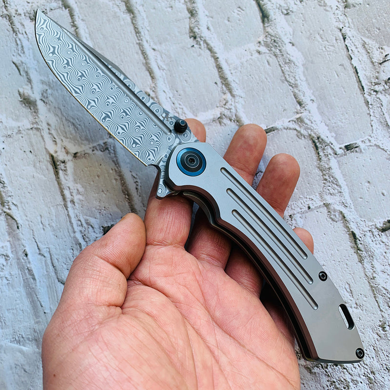 KANSEPT Pretatout K1032D1  Dmascus Blade Stonewashed Titanium Handle with Kmaxrom Design