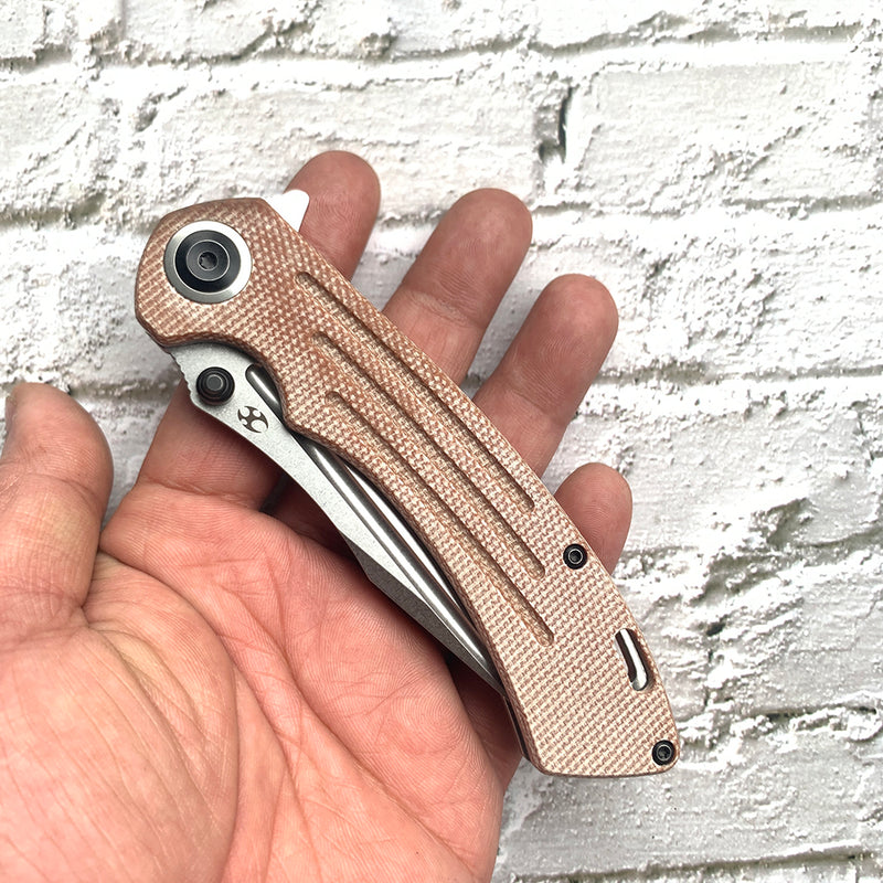 Pretatout T1032T1 Stonewashed 154CM Blade Brown Micarta Handle with Kmaxrom Design