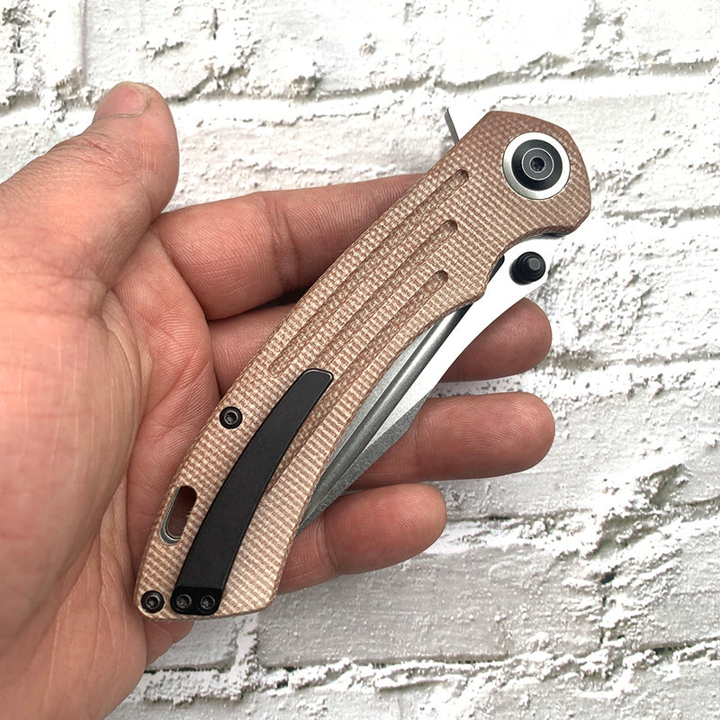 Pretatout T1032T1 Stonewashed 154CM Blade Brown Micarta Handle with Kmaxrom Design