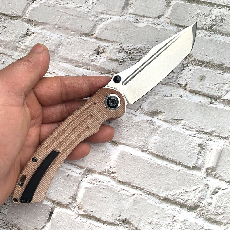 Pretatout T1032T1 Stonewashed 154CM Blade Brown Micarta Handle with Kmaxrom Design