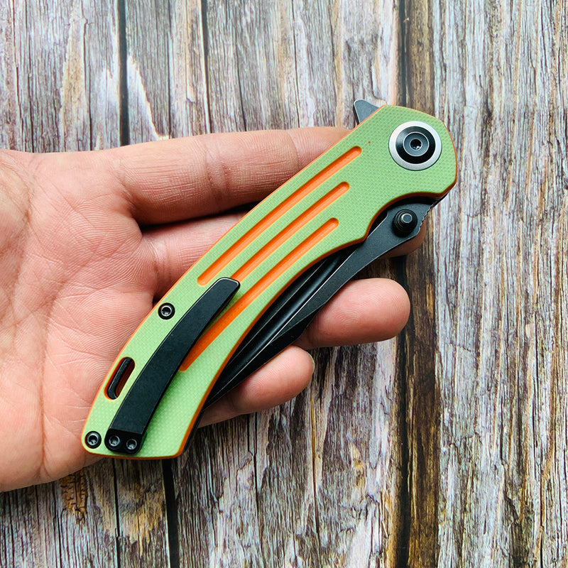 Pretatout T1032T2 Stonewashed 154CM Blade Green and Orange G10 Handle with Kmaxrom Design