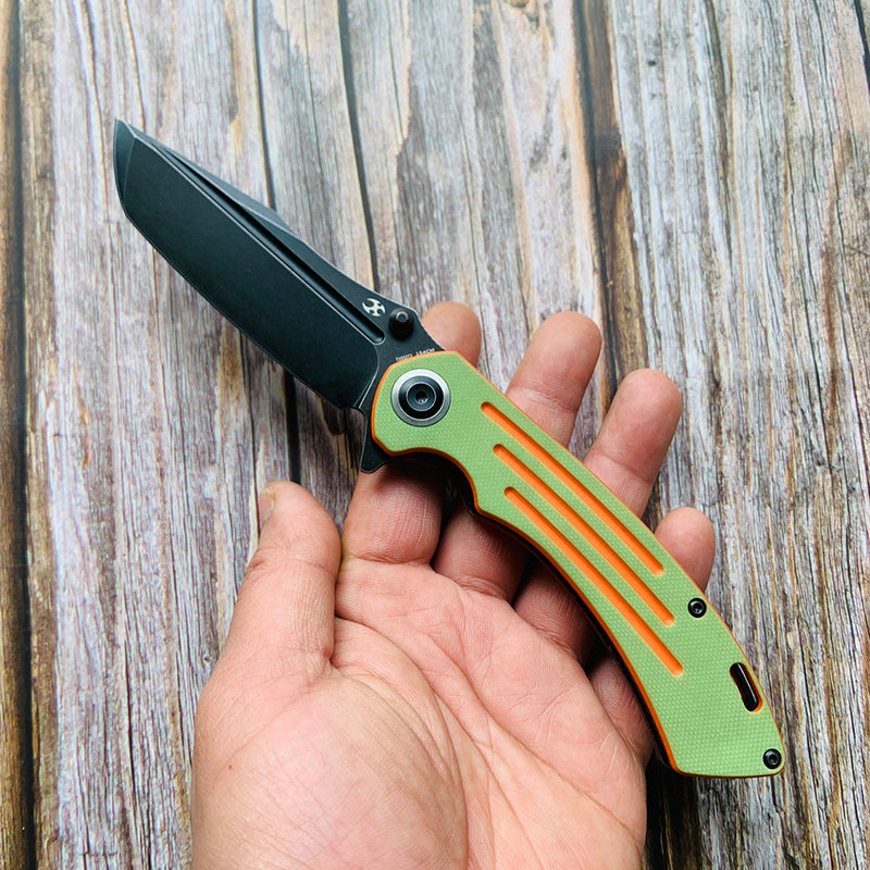 Pretatout T1032T2 Stonewashed 154CM Blade Green and Orange G10 Handle with Kmaxrom Design