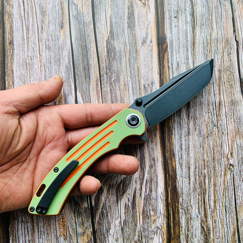 Pretatout T1032T2 Stonewashed 154CM Blade Green and Orange G10 Handle with Kmaxrom Design