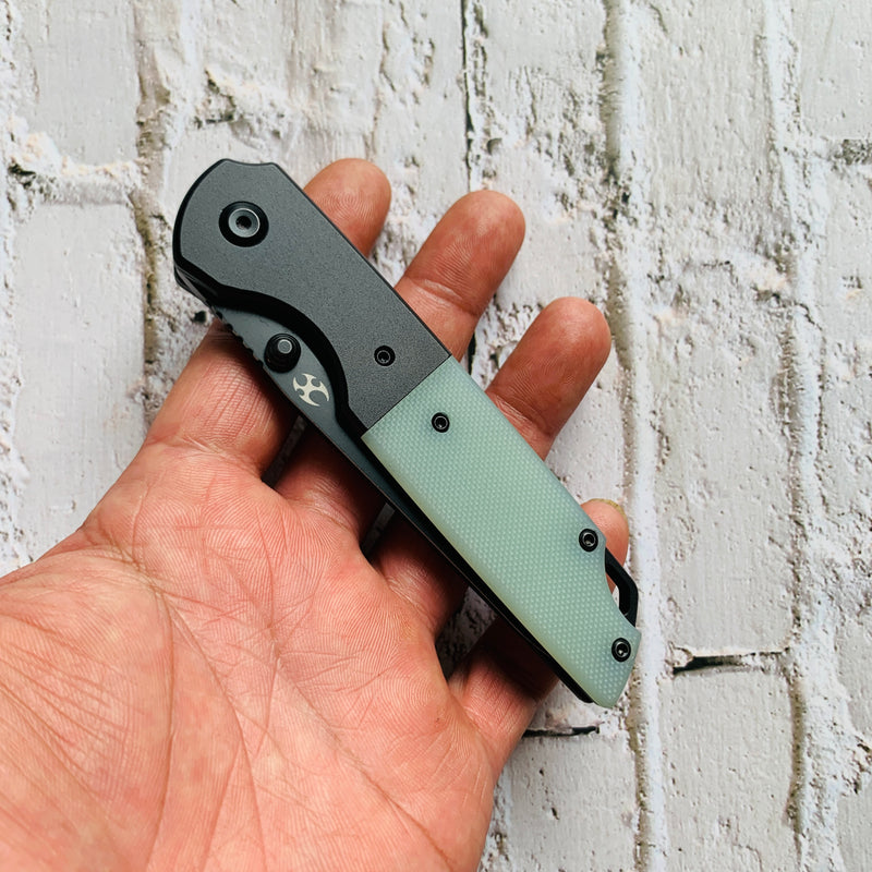 Warrior T1005S4 Black TiCn Coated and Stonewashed Drop Point D2 Blade Black Anodized Aluminum Bolster +Jade G10 Handle with Kim Ning Design