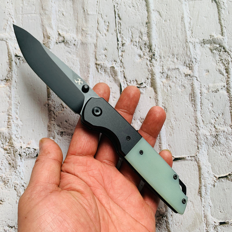 KANSEPT Warrior T1005S4 Black TiCn Coated and Stonewashed Drop Point D2 Blade Black Anodized Aluminum Bolster +Jade G10 Handle with Kim Ning Design