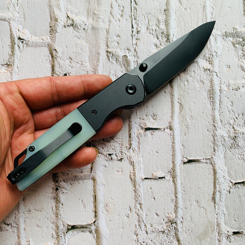 KANSEPT Warrior T1005S4 Black TiCn Coated and Stonewashed Drop Point D2 Blade Black Anodized Aluminum Bolster +Jade G10 Handle with Kim Ning Design