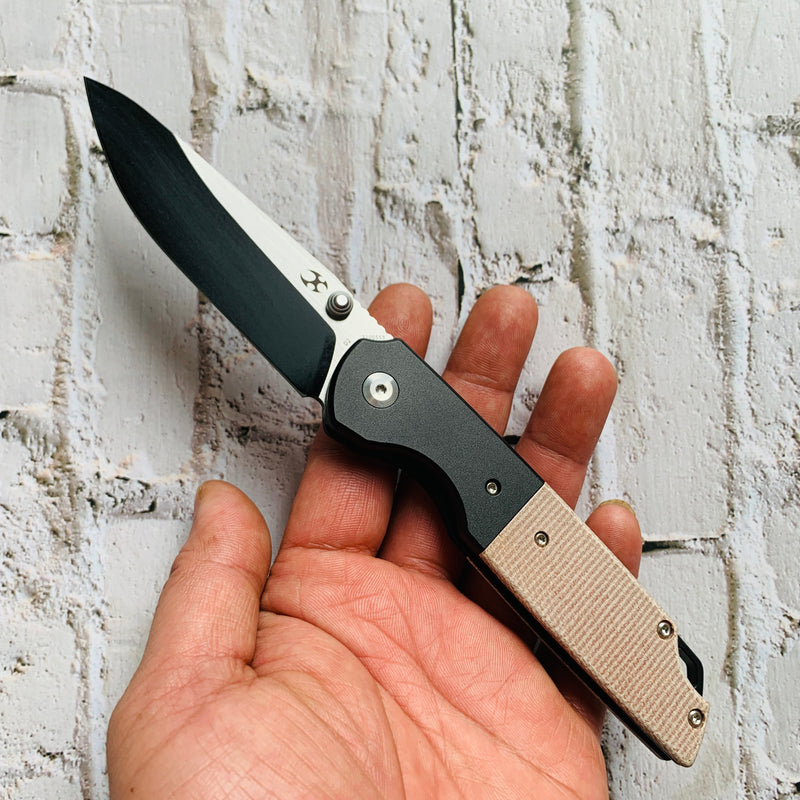 KANSEPT Warrior T1005S5 Black TiCn Coated and Stonewashed Drop Point D2 Blade Black Anodized Aluminum Bolster +Brown Micarta Handle with Kim Ning Design