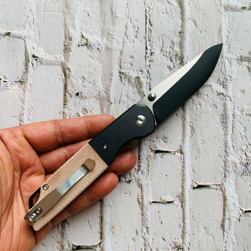 KANSEPT Warrior T1005S5 Black TiCn Coated and Stonewashed Drop Point D2 Blade Black Anodized Aluminum Bolster +Brown Micarta Handle with Kim Ning Design