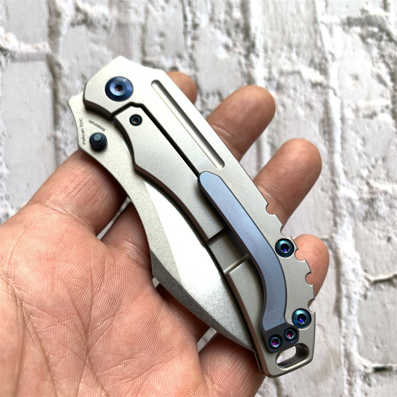 KANSEPT Peican Edc --Left Handed Thumb Knife Stonewashed Titanium Handle (3.0" CPM-S35VN Blade) Kmaxrom Design -K1018L3