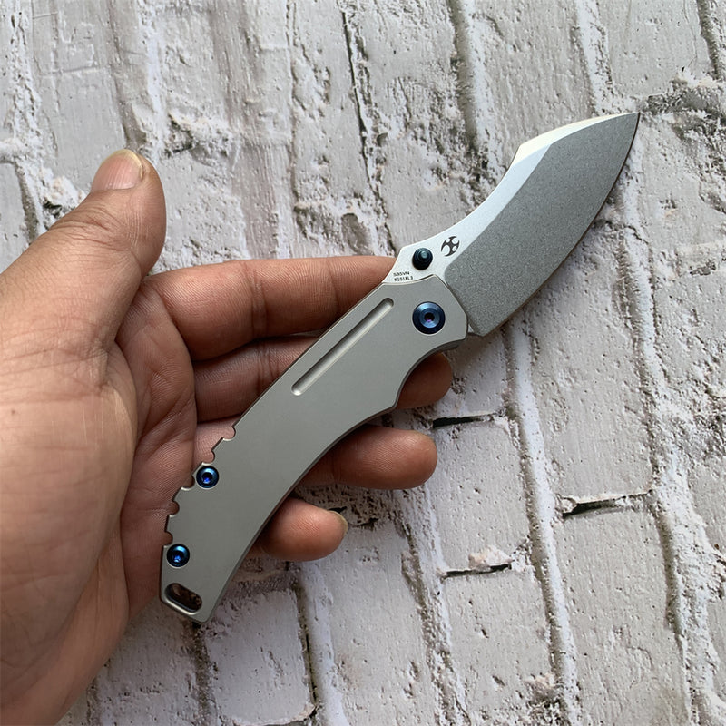 KANSEPT Peican Edc --Left Handed Thumb Knife Stonewashed Titanium Handle (3.0" CPM-S35VN Blade) Kmaxrom Design -K1018L3