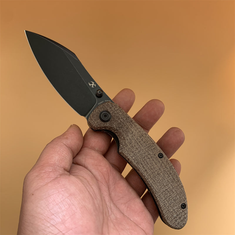 Nesstreet K1039A4 Black Stonewashed CPM-S35VN Blade Brown Canvas Micarta Handle with Karambit Maker design