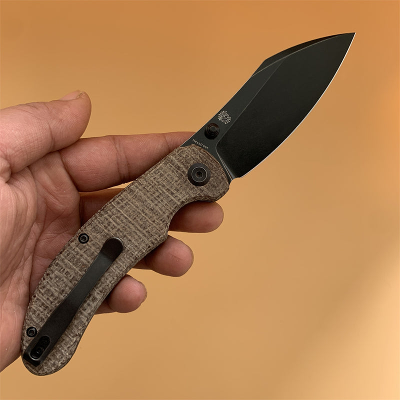 Nesstreet K1039A4 Black Stonewashed CPM-S35VN Blade Brown Canvas Micarta Handle with Karambit Maker design