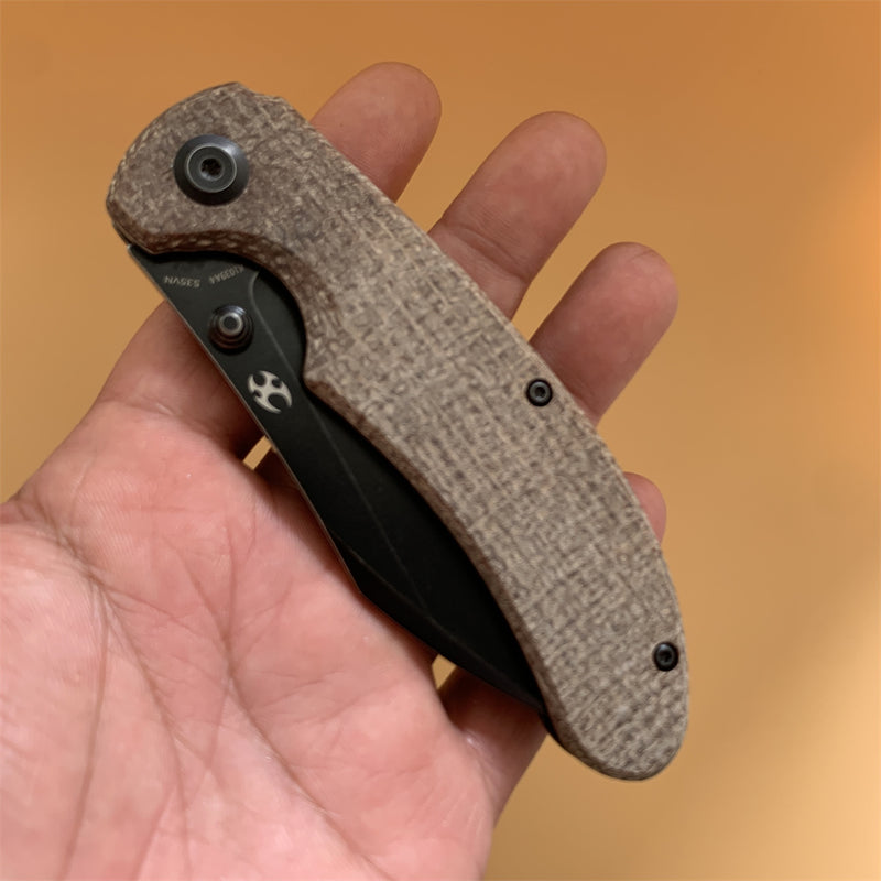 Nesstreet K1039A4 Black Stonewashed CPM-S35VN Blade Brown Canvas Micarta Handle with Karambit Maker design