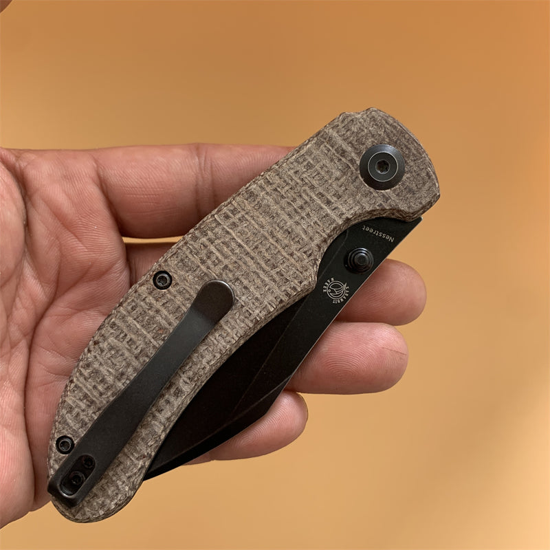 Nesstreet K1039A4 Black Stonewashed CPM-S35VN Blade Brown Canvas Micarta Handle with Karambit Maker design