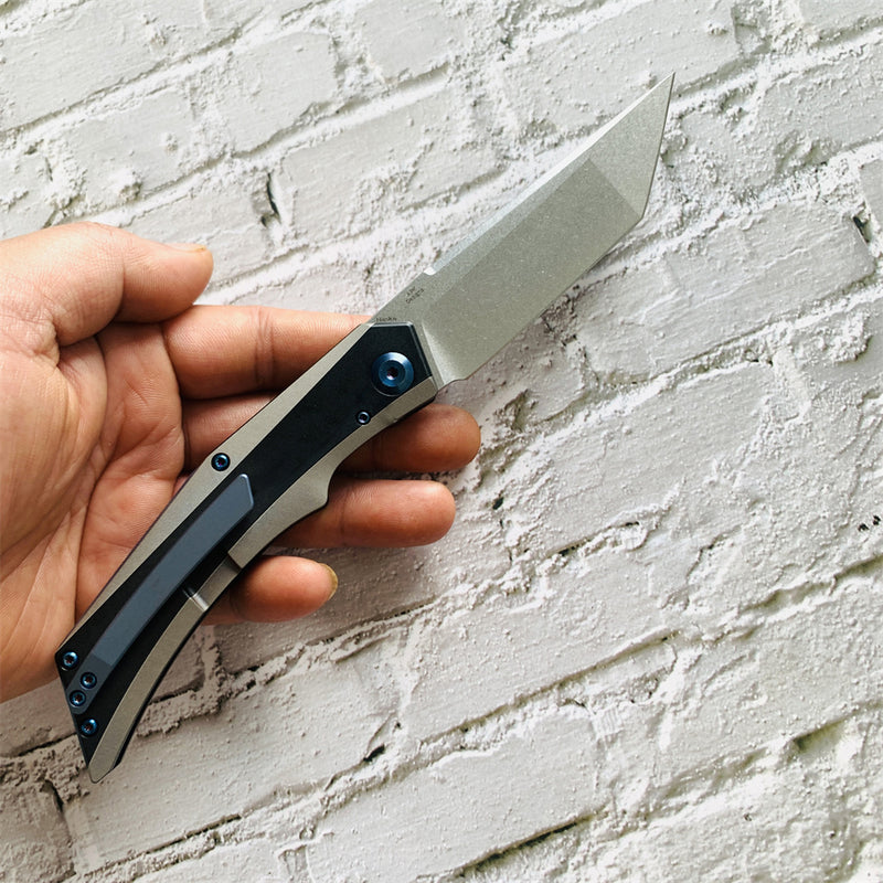 Kansept Knife Naska K1035T1 Stonewashed CPM-S35VN Tanto Blade Black Anodized and Plain Titanium Handle with APK Designs