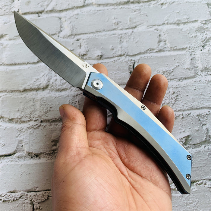 Kansept Knife Naska K1035A3 Satin CPM-S35VN Blade Blue Anodized and Plain Titanium Handle with APK Designs