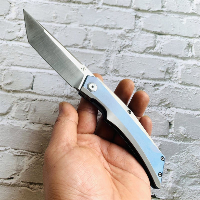 Kansept Knife Naska Satin CPM-S35VN Tanto Blade Blue Anodized and Plain Titanium Handle with APK Designs- K1035T3