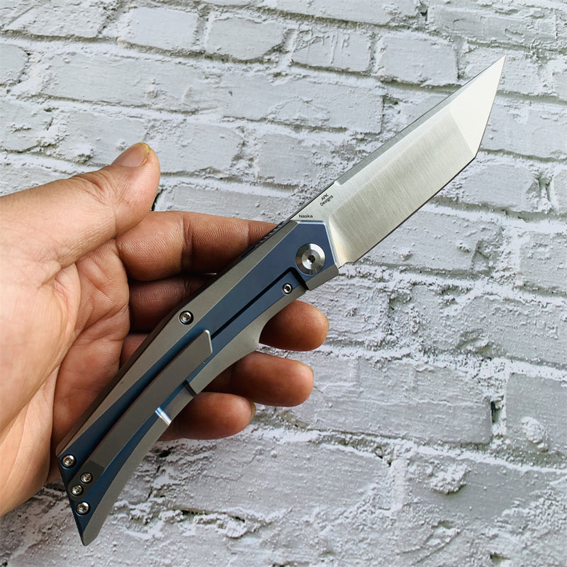 Kansept Knife Naska Satin CPM-S35VN Tanto Blade Blue Anodized and Plain Titanium Handle with APK Designs- K1035T3