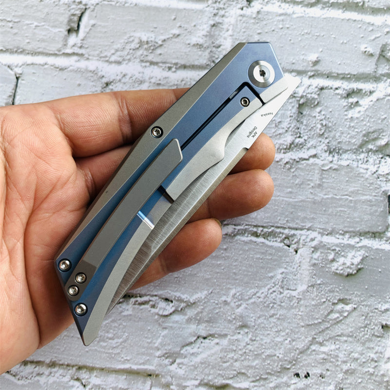 Kansept Knife Naska Satin CPM-S35VN Tanto Blade Blue Anodized and Plain Titanium Handle with APK Designs- K1035T3