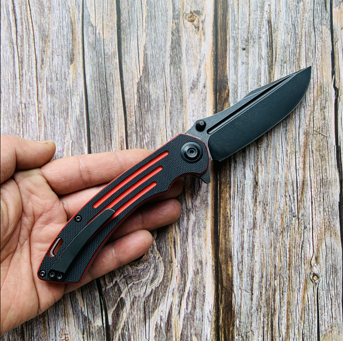 Pretatout T1032A1 Black TiCn Coated 154CM Blade Black and Red G10 Handle with Kmaxrom Design