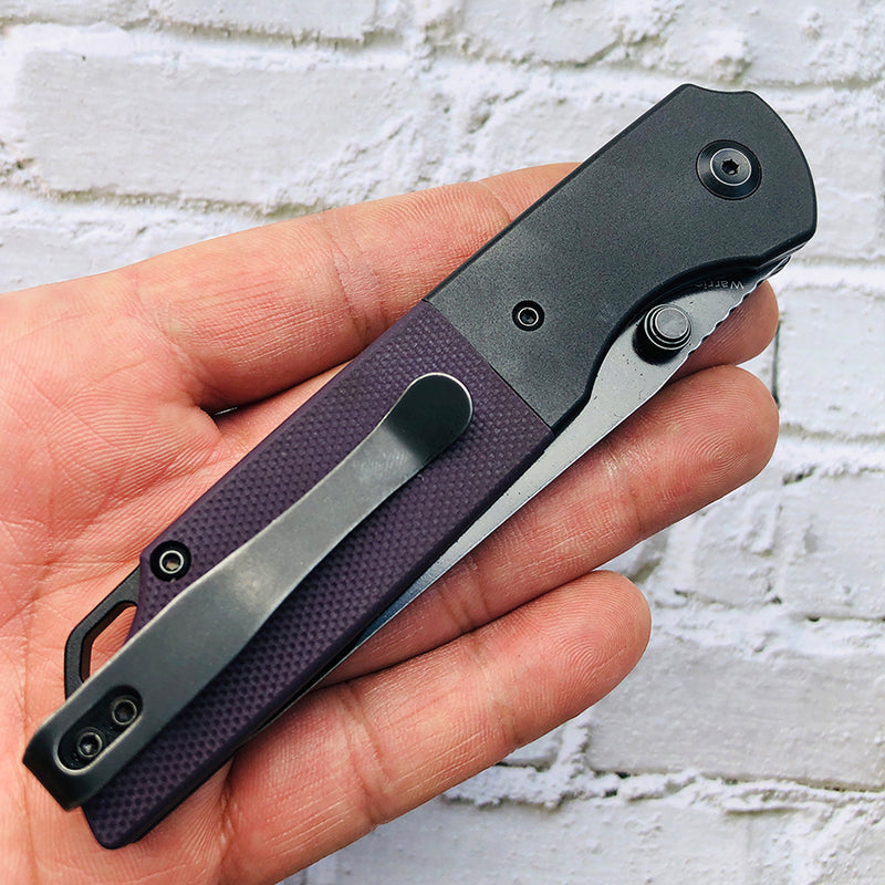 KANSEPT Warrior T1005S6 Black TiCn Coated and Stonewashed Drop Point D2 Blade Black Anodized Aluminum Bolster +Purple  G10 Handle with Kim Ning Design