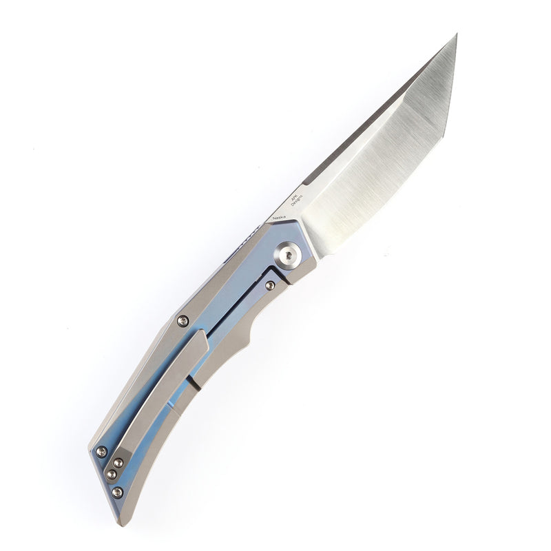 Kansept Knife Naska K1035T3 Satin CPM-S35VN Tanto Blade Blue Anodized and Plain Titanium Handle with APK Designs