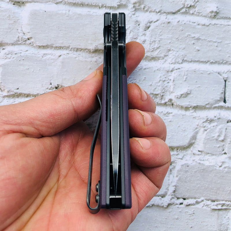 KANSEPT Warrior T1005S6 Black TiCn Coated and Stonewashed Drop Point D2 Blade Black Anodized Aluminum Bolster +Purple  G10 Handle with Kim Ning Design