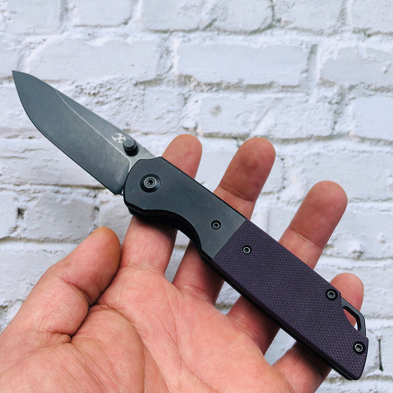 KANSEPT Warrior T1005S6 Black TiCn Coated and Stonewashed Drop Point D2 Blade Black Anodized Aluminum Bolster +Purple  G10 Handle with Kim Ning Design
