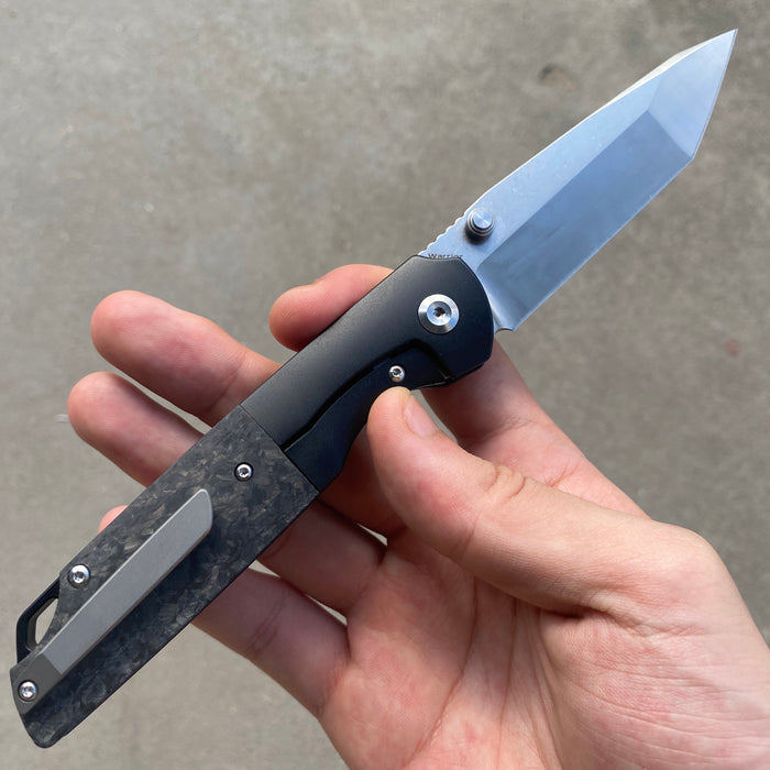 KANSEPT Warrior Thumb Studs Knife Titanium+Carbon Fiber Handle (3.46'' CPM S35VN Tanto Blade) Kim Ning Design-K1005T1